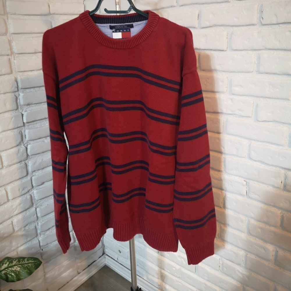 Tommy Hilfiger Men's Size XL Red with Navy Stripes Made in India Sweater